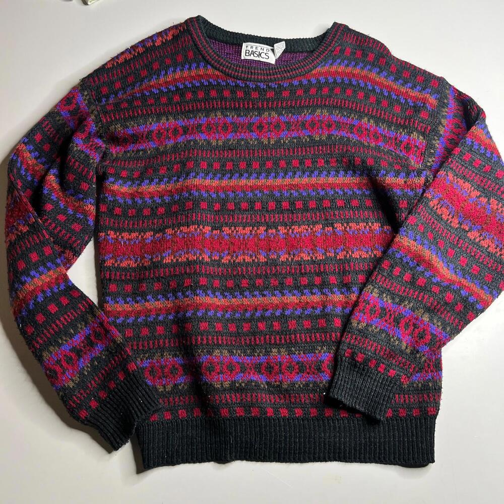 Vintage Trend Basics Sweater Large‎ Fair Isle Knit Colorful 90s Retro Cozy Boho
